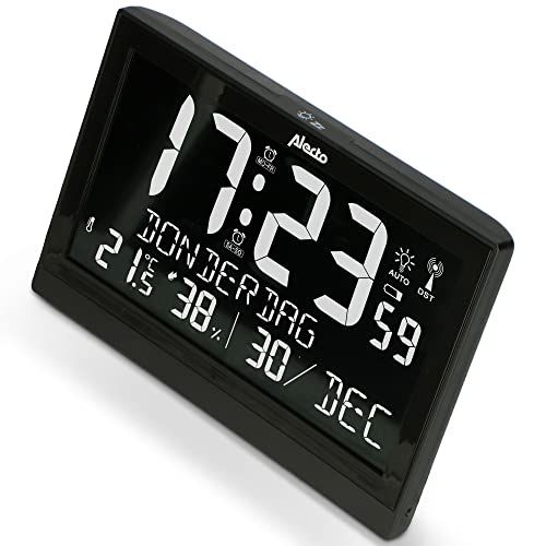 Alecto AK-70 - Große Digitaluhr mit Thermometer und Hygrometer - Funk Wecker - Funkuhr mit Temperaturanzeige - Schwarz von Alecto