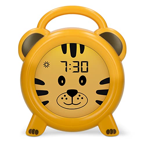 Alecto BC100TIGER - Pädagogischer Wecker Kinder - Schlaftrainer & Nachtlicht Kinder - Lernen von Schlafen und Aufwachen mit LED Kinderwecker - Gelb von Alecto