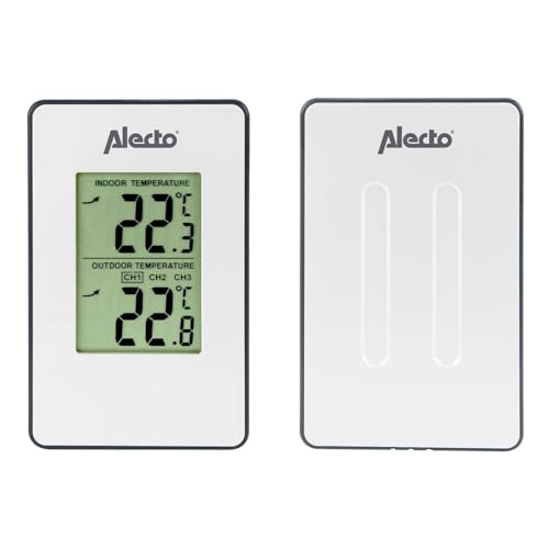 Alecto WS-1050 Wetterstation mit kabellosem Außensenor - großes Display - 30m Reichweite - Sensor regsitriert Innen- und Aßentemperatur - weiß, 14 x 2 x 12 cm von Alecto