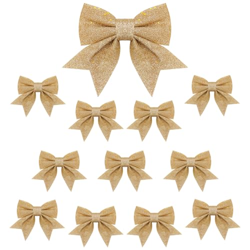 Goldene Weihnachtsschleifendekoration, Glitzerschleifen für Weihnachtsbaumdekoration, Weihnachtsbaumschleifen, dekorativ für Kranz, Geschenk-Box, Heim-Party-Ornamente, 12 Stück (Goldschleife) von Alederways
