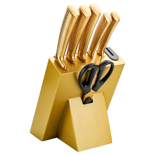 Aleevii 8-teiliges Messerset, Küchenmesser Set mit Messerblock und Schleifstein – Edelstahlmesser, Messer Set für Schneiden Schneiden Würfeln Hacken (Goldene Griff) von Aleevii