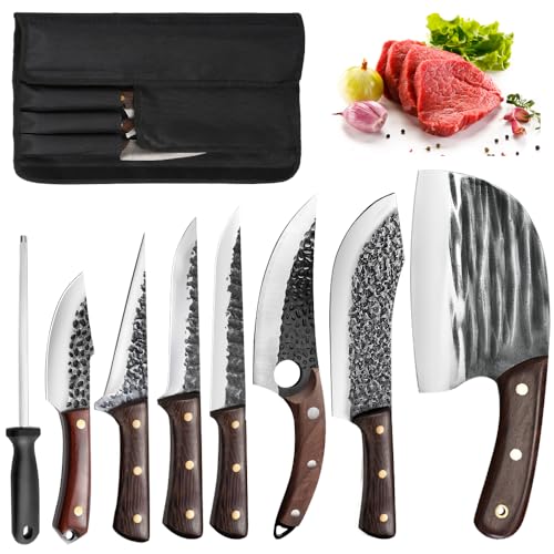 Aleevii 8-teiliges Metzger Messerset mit Hammer-Optik - 7 scharfe Küchenmesser in Nylon-Tasche - Profi Hackmesser, Kochmesser & Tranchiermesser aus rostfreiem Edelstahl - Ideal für Fleisch, & BBQ Aleevii 8-teiliges Metzger Messerset mit Hammer-Optik - 7 scharfe Küchenmesser in Nylon-Tasche - Profi Hackmesser, Kochmesser & Tranchiermesser aus rostfreiem Edelstahl - Ideal für Fleisch, & BBQ von Aleevii
