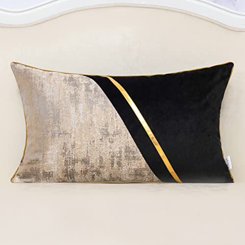 Alerfa 12 x 20 Inch Black Beige Gold Leder Patchwork Velvet & Polyester Cushion Case Luxury Modern Lumbar Throw Pillow Cover Decorative Pillow for Couch Sofa Living Room Bedroom Car 30 x 50cm von Alerfa