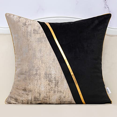 Alerfa 45,7 x 45,7 cm Schwarz Beige Gold Leder Patchwork Samt & Polyester Kissenbezug Luxus Modern Quadratisch Wurfkissenbezug Dekoratives Kissen für Couch Sofa Wohnzimmer Schlafzimmer Auto 45 x 45 cm von Alerfa