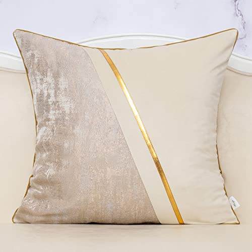 Alerfa 50 x 50 cm gebrochenes Weiß Beige Gold Leder Patchwork Samt & Polyester Kissenbezug Luxus Modern Quadratisch Wurfkissenbezug Dekokissen für Couch Sofa Wohnzimmer Schlafzimmer Auto 50 x 50 cm von Alerfa