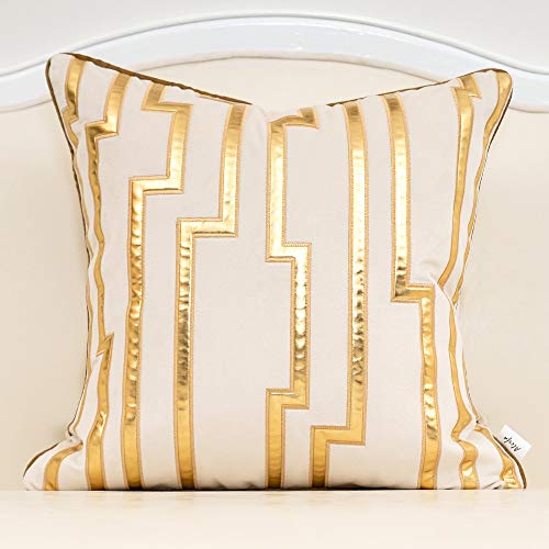 Alerfa Weiße geometrische Goldfarbene Leder-Kissenbezüge, 50 x 50 cm, luxuriöse europäische Kissenbezüge, dekorative Kissen für Couch, Wohnzimmer, Schlafzimmer, 50 x 50 cm von Alerfa