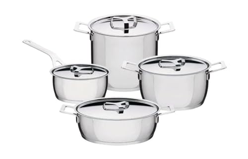 Alessi Pots&Pans, Topf (AJM100/20), (AJM101/16), Kasserolle mit Zwei Griffen (AJM101/20), Milchkochtopf (AJM302), (AJM200/16), (AJM200/20), Deckel (AJM200/24), Edelstahl, Silver, 20 cm von Alessi