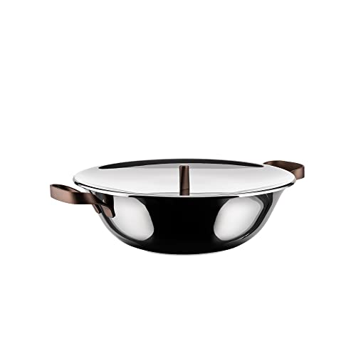 Alessi edo Con PU308 Trilamin Wok mit Deckel aus Edelstahl, Griffe und Griff aus Edelstahl mit PVC-Beschichtung, braun von Alessi