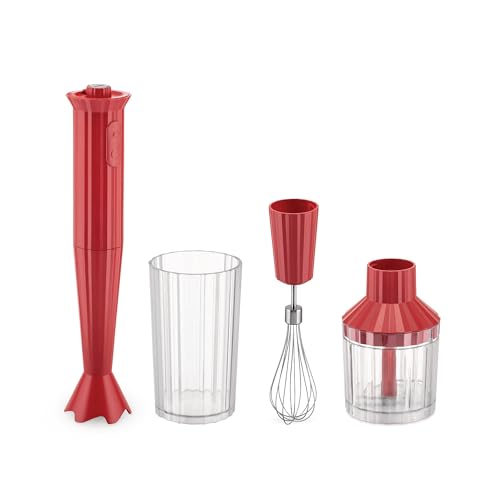 Alessi Plissé MDL10S R - Stabmixer mit Messbecher, Schneebesen und Zerkleinerer, aus Thermoplastischem Harz, Europäischer Stecker 500W, Rot von Alessi