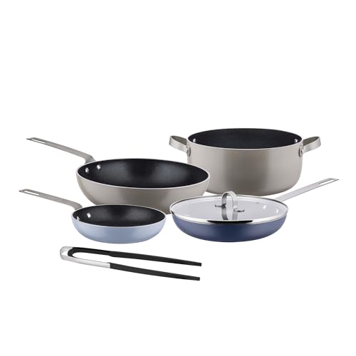 Alessi Tama GIA100S5 - Sechsteiliges Topfset, aus Aluminium mit Antihaftbeschichtung und 18/10 Edelstahl von Alessi