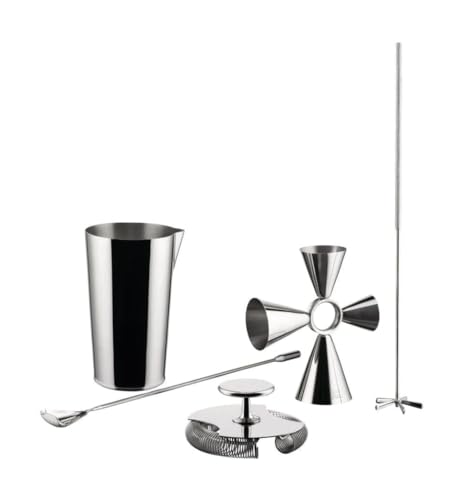 Alessi The Tending Box GIA25SET – Cocktail-Set mit Mixerglas, Quadri Combo Jigger, Doppeltem Barsieb, Löffel und Schneebesen, aus Edelstahl 18/10 von Alessi