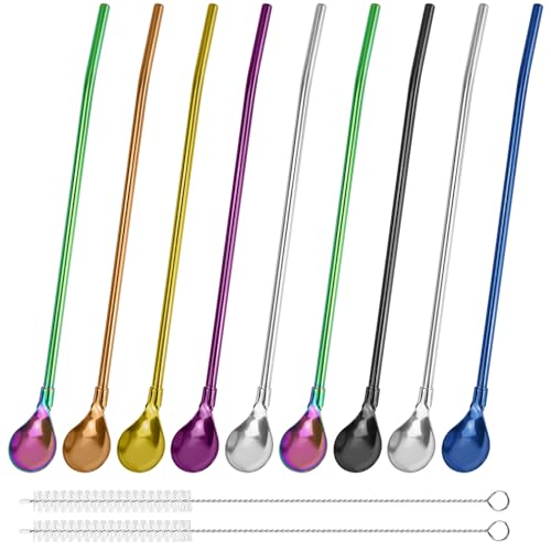 Alethron 2 in 1 Strohhalm mit Löffel, 9 Stück Edelstahl Löffelstrohhalme, Wiederverwendbare Slush Strohhalme mit 2 Bürsten Latte Macchiato Löffel mit Strohhalm für Smoothie Milchshake Cocktail von Alethron