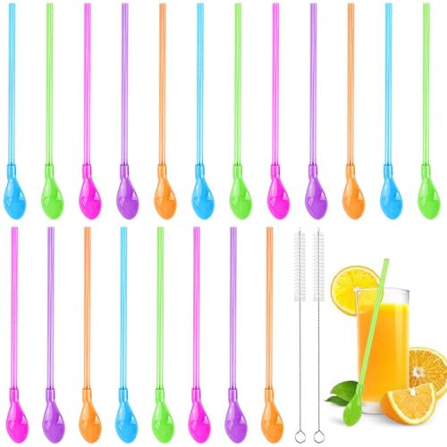 Alethron 20 Stück 2 in 1 Strohhalm Löffel Plastik Bunt, Slush Strohhalme mit 2 Bürsten Wiederverwendbare Trinkhalm Löffel, Latte Macchiato Löffel mit Strohhalm Strohhalmlöffel für Smoothie Milchshake von Alethron