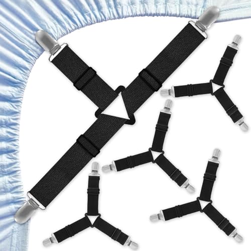 Alethron Bettlakenspanner, 4 Stück Bettlaken Spanner Verstellbar Elastische Bettlaken Spanngurte Spannbettlakenhalter Betttuchspanner mit Clip für Bettwäsche Matratze Bügelbrett Sofa(Schwarz) von Alethron
