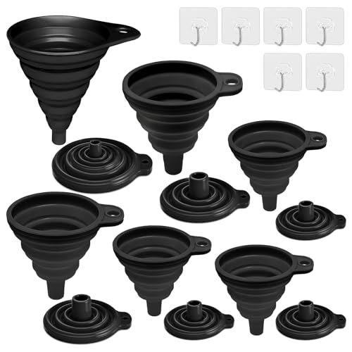 Alethron Trichter Küche, 6 Stück Trichter Faltbar, 4 Größen Silikon Trichter Klein Faltbarer Mini Trichter Set Schwarz für Bier Öl Flüssigkeiten Übertragung (S/M/L/XL) von Alethron
