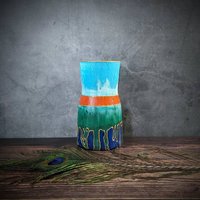 Vase Für Blumen Handbemalt Farbiges Glas Design Türkis Smaragd Grün Moderne Lebendige Einzigartige Dekor Orange Streifen von AlexGilloDesign