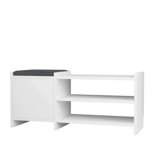 Banco zapatero 1 puerta con cojín acolchado tapizado en tela gris. Color Blanco. (Alto 44 cm/Ancho 100 cm/Fondo 35 cm) von AlexandreHouse