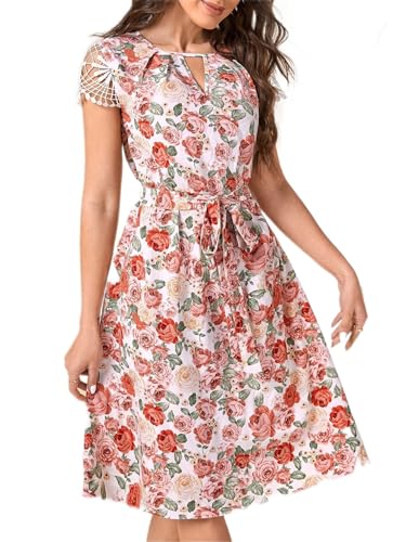 Floral Print Keyhole Neckline Contrast Guipure Lace Belted Dress (Color : Multicolor, Size : Medium) von Redesyn