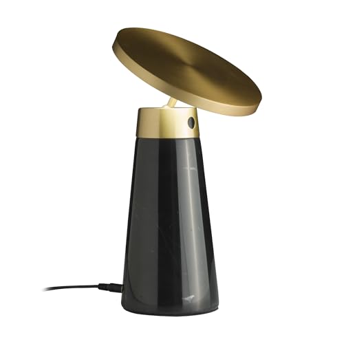 Lámpara de sobremesa con cuerpo de mármol porcelánico similar nero marquina y disco direccional de acero pulido dorado. Dispone de dimmer regulable en intensidad y color Lámpara de sobremesa con cuerpo de mármol porcelánico similar nero marquina y disco direccional de acero pulido dorado. Dispone de dimmer regulable en intensidad y color von AlexandreHouse