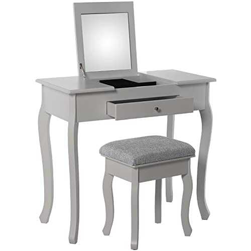 MESA TOCADOR MADERA BLANCO C/ESPEJO+BANCO TAPIZADO TELA GRI 80X40X74CM BANCO:36,5X29X46CM von AlexandreHouse