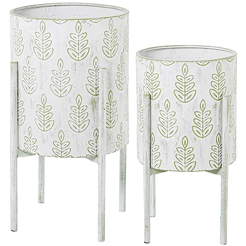 SET 2 MACETEROS METAL BLANCO/VERDE DECO. HOJAS_°31X58CM+°26X48CM von AlexandreHouse