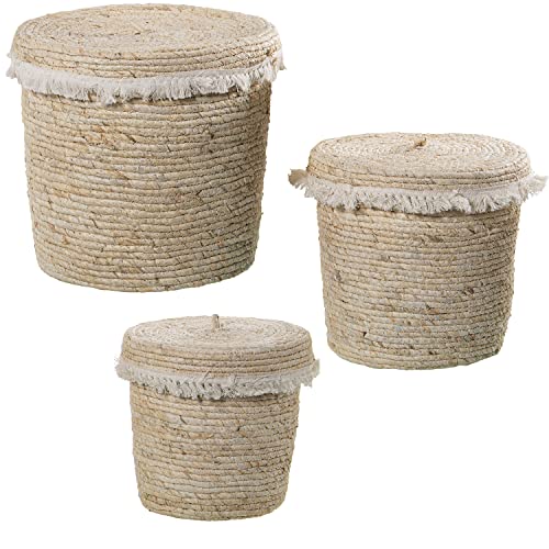 SET 3 CESTOS HOJAS MAÍZ NATURAL C/TAPA+FLECOS ALGODÓN °35X35+°30X30+°25X25CM SET 3 CESTOS HOJAS MAÍZ NATURAL C/TAPA+FLECOS ALGODÓN °35X35+°30X30+°25X25CM von AlexandreHouse