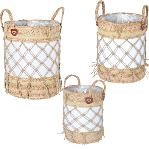 SET 3 CESTOS MIMBRE NATURAL/VERDE TELA BLANCA C/FLECOS_°33X43+°30X37+°24X31CM von AlexandreHouse
