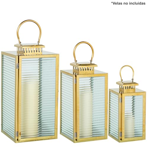 SET 3 FAROLES PORTAVELAS METALCROMADO DORADO_14X15X30+18X19X39+22X23X48CM von AlexandreHouse