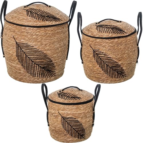 SET 3 PORTARROPAS MIMBRE C/TAPA NATURAL DECO. HOJA NEGRA_°42X50+°35X39CM+°31X29CM von AlexandreHouse