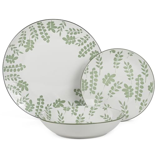 VAJILLA 18 PZS PORCELANA BLANCO HOJAS VERDES,PLATO LLANO:ø27_POSTRE:°19CM,HONDO:°20X4CM von Redesyn