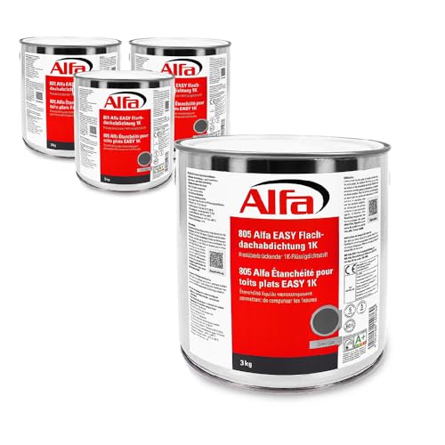 12 kg Alfa Flachdachabdichtung Easy 1K Profi-Qualität in 3 kg Dose Flüssigdichtstoff Dach- & Garagenabdichtung Terrasse Carport für vertikale und horizontale Oberflächen von Alfa