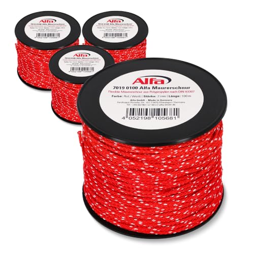 4X Alfa Maurerschnur Rot 100 m Länge Ø 2,0 mm Profi-Qualität Polypropylen rund geflochten Reißfest & Belastbar Richtschnur Bauschnur Lotschnur Pflasterschnur von Alfa
