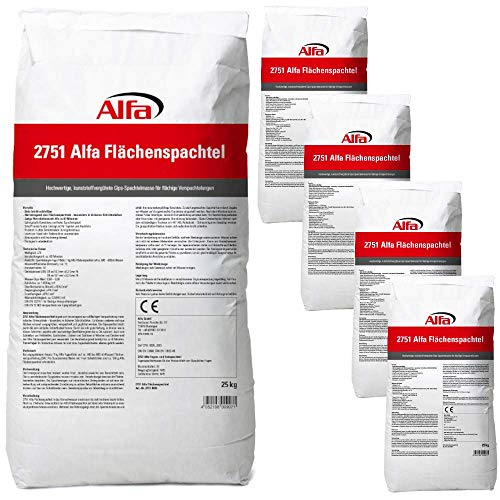 5x Alfa Flächenspachtel 25 kg – Spachtel-Masse zum Spachteln und Glätten von Putz, Mauerwerk etc, leicht zu verarbeiten, Wand-, Decken-Spachtelmasse von Alfa