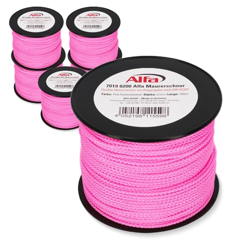 6X Alfa Maurerschnur Pink 100 m Länge Ø 2,0 mm Profi-Qualität Polypropylen rund geflochten Reißfest & Belastbar Richtschnur Bauschnur Lotschnur Pflasterschnur von Alfa