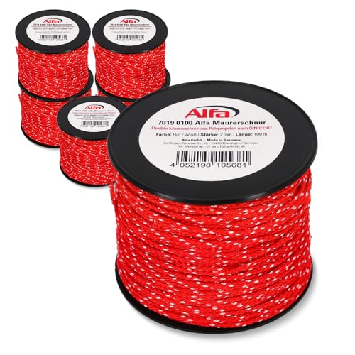 6X Alfa Maurerschnur Rot 100 m Länge Ø 2,0 mm Profi-Qualität Polypropylen rund geflochten Reißfest & Belastbar Richtschnur Bauschnur Lotschnur Pflasterschnur von Alfa