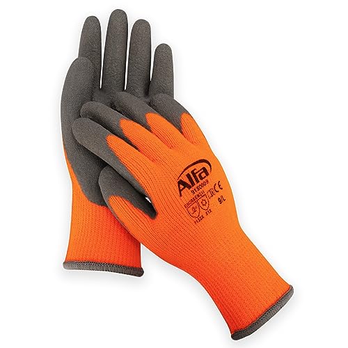 Alfa 12 Paar Arbeitshandschuh Winter Grip Gr.8 (M) Profi-Qualität schützt vor Kälte, Flüssigkeitsdicht, atmungsaktiv, EN 511, orange/schwarz von Alfa