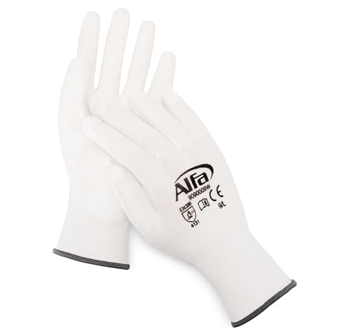 Alfa 12 Paar Malerhandschuhe weiß Größe 9 - L Profi-Qualität PU-beschichtete Nylon-Feinstrickhandschuhe, gefühlsecht und sehr gutes Fingerspitzengefüh von Alfa