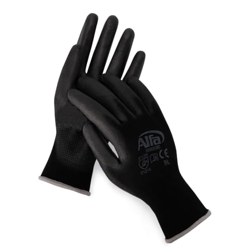 Alfa 24 Paar Malerhandschuhe schwarz Größe 11 - XXL Profi-Qualität PU-beschichtete Nylon-Feinstrickhandschuhe, gefühlsecht und sehr gutes Fingerspitzengefüh von Alfa