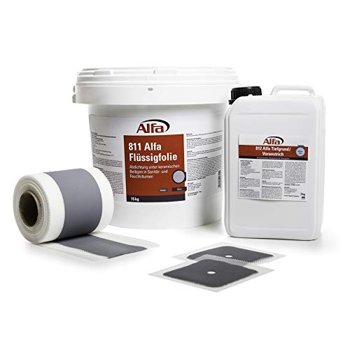 Alfa Abdichtungs-Set - 15 kg Flüssigfolie, 3 kg Tiefengrund, 15 m Dichtband, 2 x Manschetten - Dusche Bad Küche Abdichtung Dicht-Set von Alfa