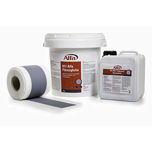 Alfa Abdichtungs-Set - 9 kg Flüssigfolie, 2 kg Tiefengrund, 15 m Dichtband - Dusche Bad Küche Abdichtung Dicht-Set von Alfa