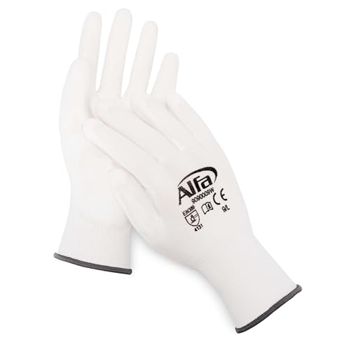 Alfa 24 Paar Malerhandschuhe weiß Größe 10 - XL Profi-Qualität PU-beschichtete Nylon-Feinstrickhandschuhe, gefühlsecht und sehr gutes Fingerspitzengefüh von Alfa