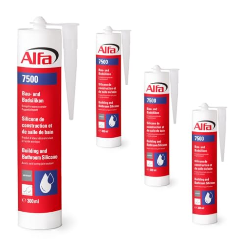 Alfa Sanitärsilikon Bau- und Badsilikon weiß 4 x 300ml Fugendichtstoff Abdichtung für Sanitärbereiche, Glas- Fenster- Metallbau, Wohn und Gewerbebereiche | Essigsäurevernetzender Fugendichtstoff von Alfa