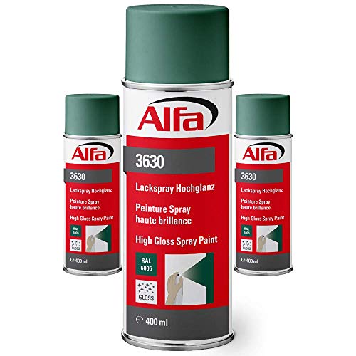 Alfa Lackspray 400 ml für Innen und Außen - Sprühlack zum Lackieren und Dekorieren, hohe Deckkraft Farbspray, Sprühdose, Made in Germany (24, RAL 6005 Moosgrün Hochglanz) von Alfa