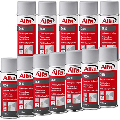 Alfa Sprühlack für innen und außen - Lackieren und Dekorieren, hohe Deckkraft Farbspray, Sprühdose, Made in Germany (12 x 400 ml Hochglanz, RAL 9006 Weißaluminium) von Alfa