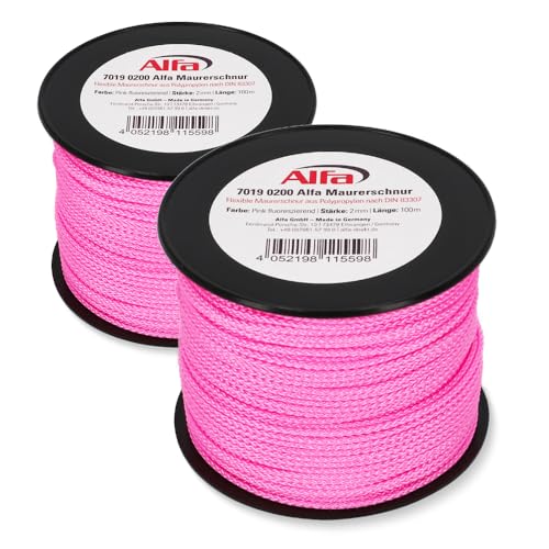 2x Alfa Maurerschnur Pink 100 m Länge Ø 2,0 mm Profi-Qualität Polypropylen rund geflochten Reißfest & Belastbar Richtschnur Bauschnur Lotschnur Pflasterschnur von Alfa