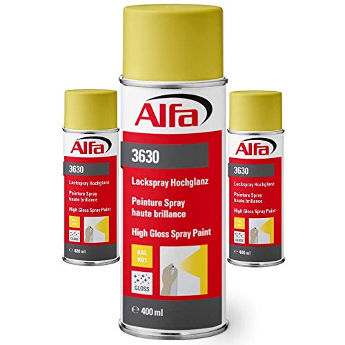 Alfa Lackspray 400 ml für Innen und Außen - Sprühlack zum Lackieren und Dekorieren, hohe Deckkraft Farbspray, Sprühdose, Made in Germany (1, RAL 1021 Rapsgelb Hochglanz) von Alfa