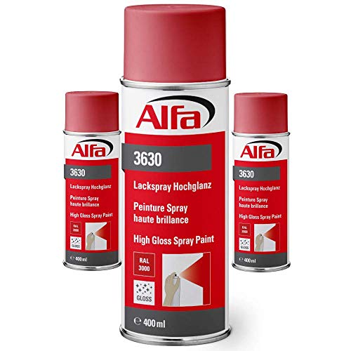 Alfa Lackspray 400 ml für Innen und Außen - Sprühlack zum Lackieren und Dekorieren, hohe Deckkraft Farbspray, Sprühdose, Made in Germany (12, RAL 3000 Feuerrot Hochglanz) von Alfa