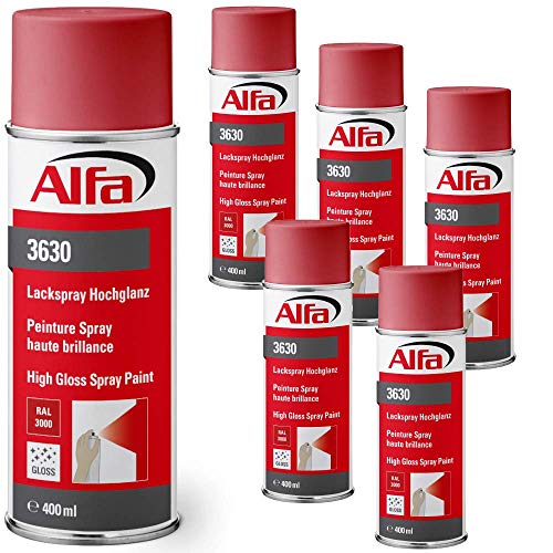 Alfa Sprühlack für innen und außen - Lackieren und Dekorieren, hohe Deckkraft Farbspray, Sprühdose, Made in Germany (6 x 400 ml Hochglanz, RAL 3000 Feuerrot) von Alfa