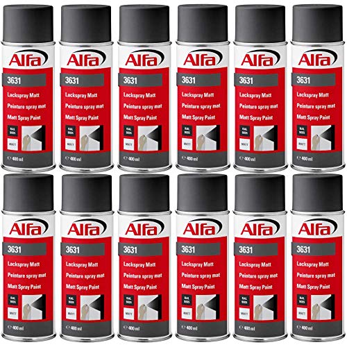 Alfa Sprühlack RAL 9005 Tiefschwarz 12 x 400 ml Matt für innen und außen - Lackieren und Dekorieren, hohe Deckkraft Farbspray, Sprühdose, Made in Germany von Alfa