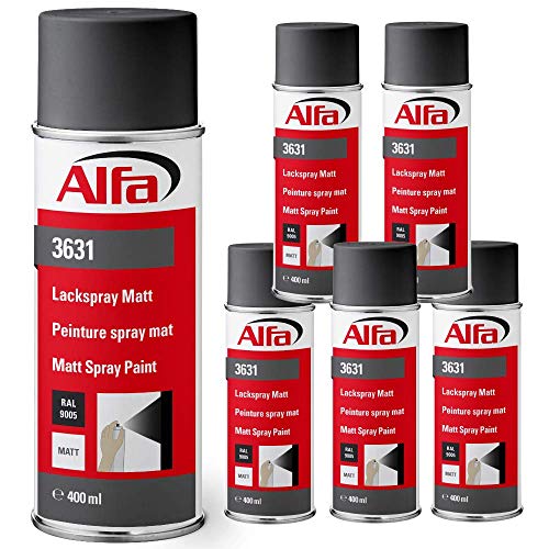 Alfa Sprühlack RAL 9005 Tiefschwarz 6 x 400 ml Matt für innen und außen - Lackieren und Dekorieren, hohe Deckkraft Farbspray, Sprühdose, Made in Germany von Alfa